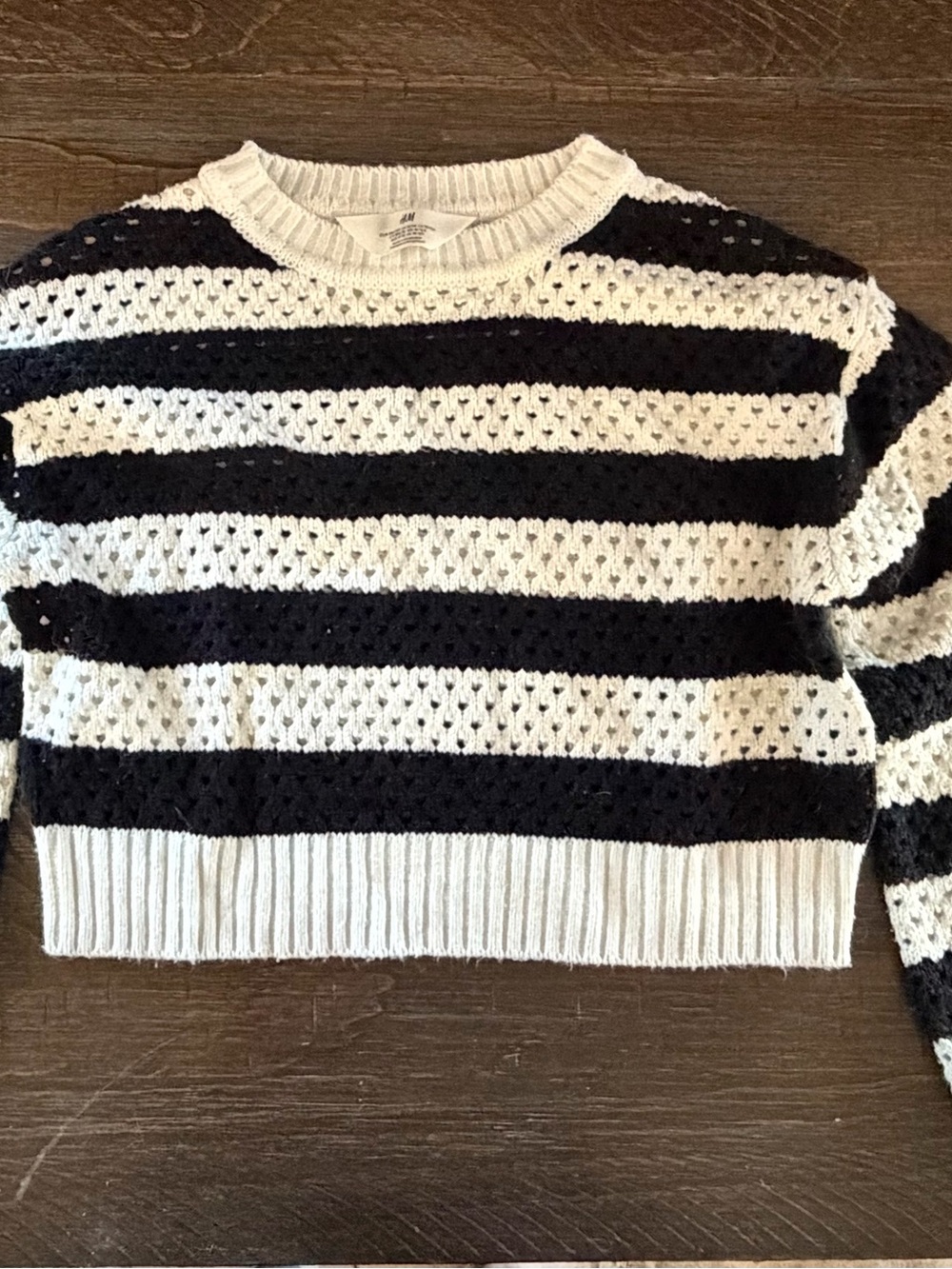 H&M Black and White Striped Open-Knit Crew Sweater
